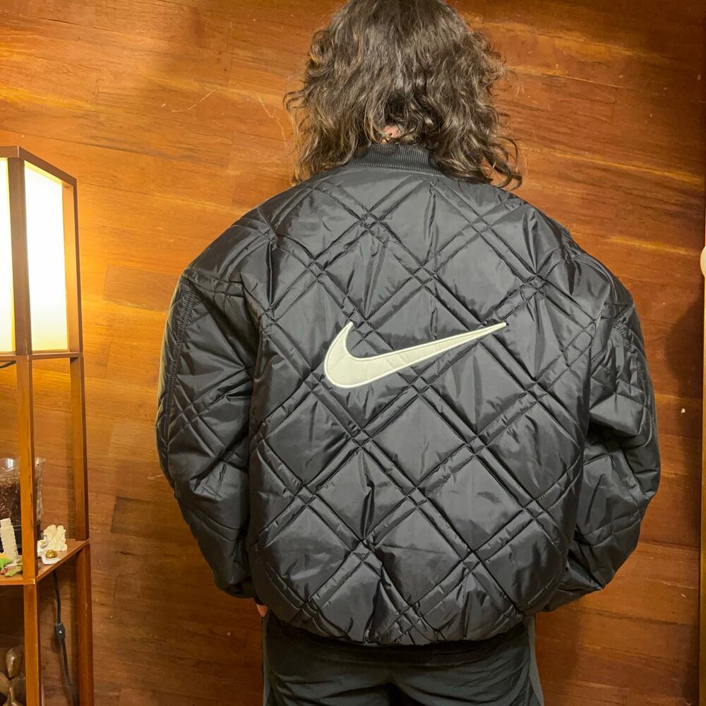 VINTAGE 90s Nike Big Swoosh Quilted Bomber Jacket Size L Reversible Windbreaker